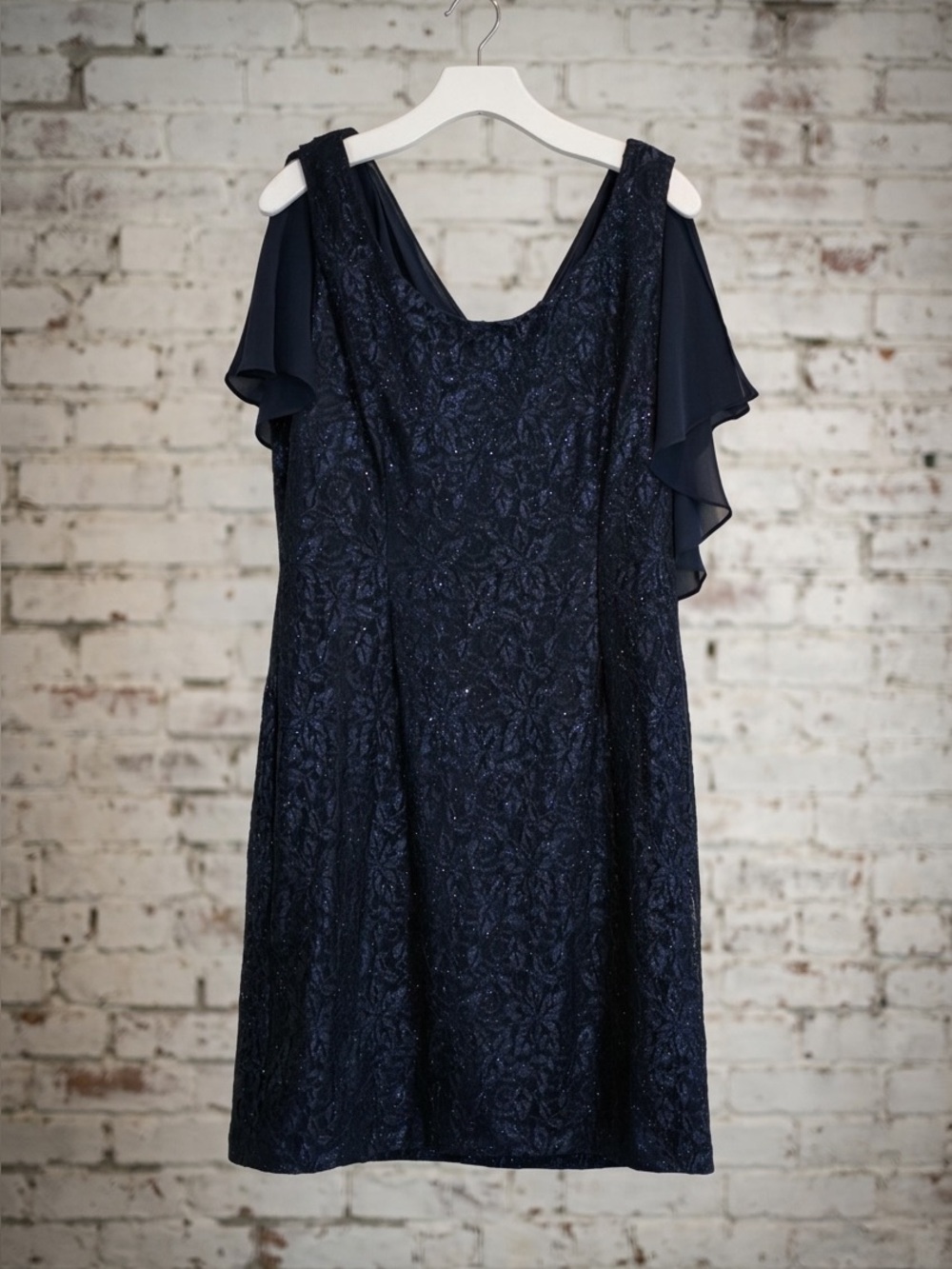 Jessica H Navy Dress with Chiffon Fabric Drape Across Back